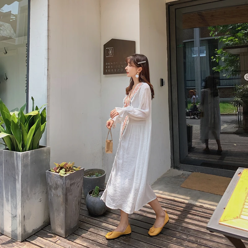 Винтажное длинное платье из хлопка с цветочной вышивкой Элегантные Осенние