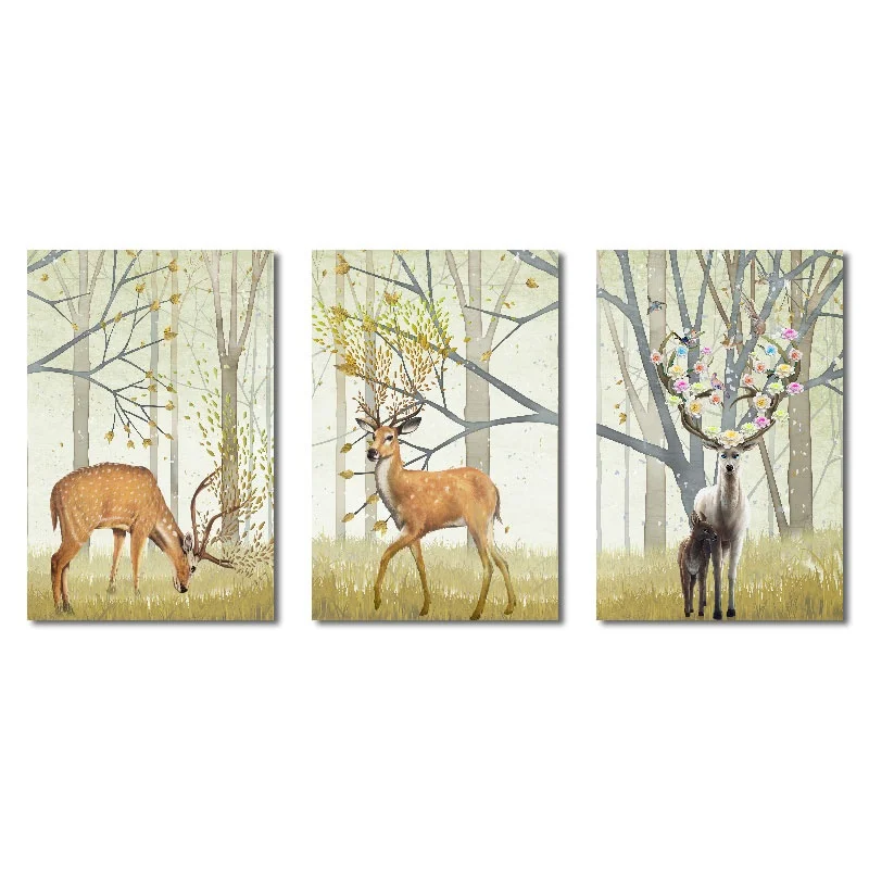 

Posters trees flowers grass Deer Canvas Painting Posters and Prints Wall Pictures Decoration for Living Room and Bedroom 3Pcs