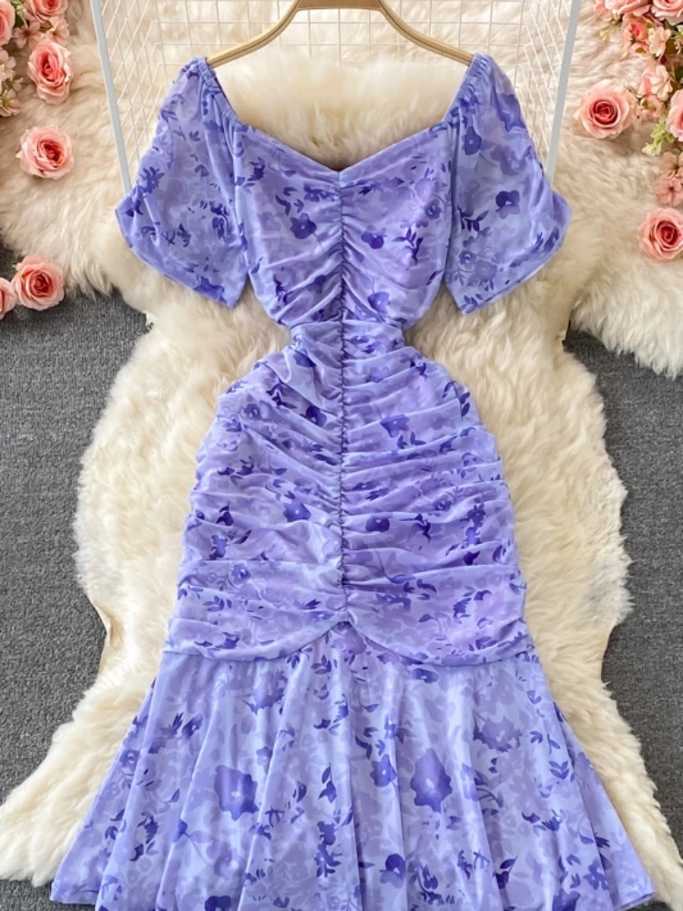 

Aibeautyer New Summer Casual Slim Floral Print Lady Short Dress A Line Square Collar Puff Sleeve Chiffon Pullover Women Dresses