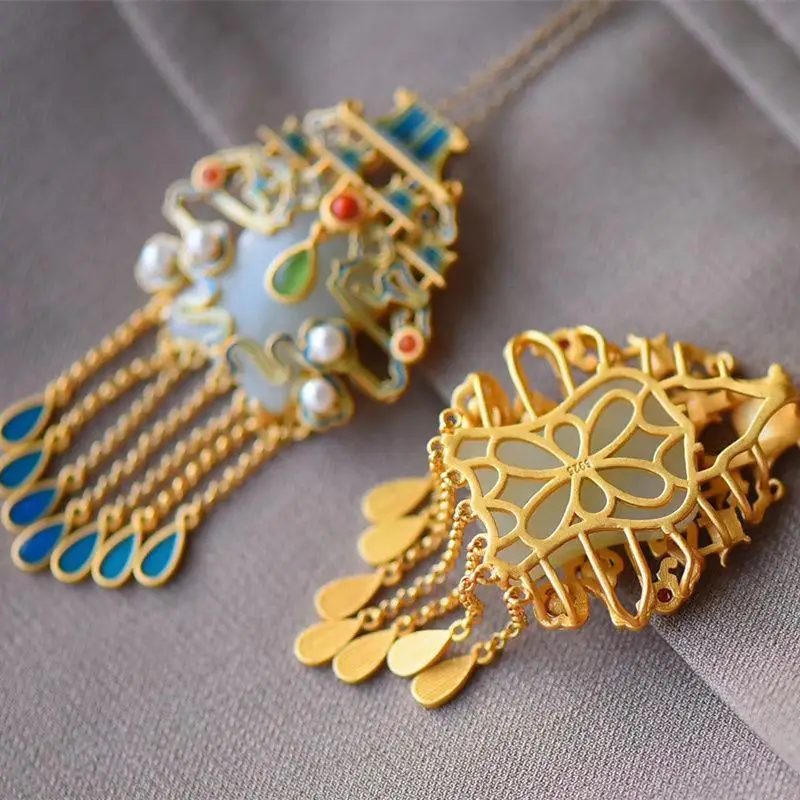 

Natural Hetian Jade White Jade Chinese Style S925 Silver Inlaid Nantianmen Court Retro Style Cloisonne Tassel Pendant