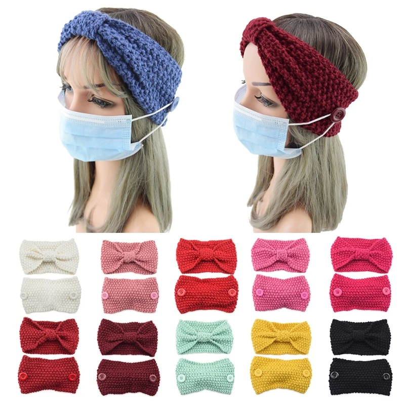 

5 Pieces Women Winter Crochet Knitted Headband with Ear Protection Buttons Solid Color Elastic Headwrap Bowknot Center Ear
