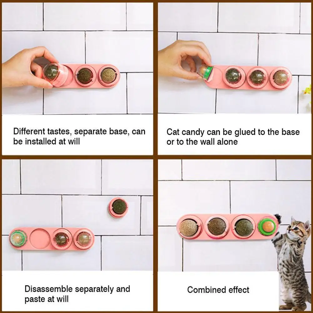 

4pcs/set Catnip Ball Set Cat Treat Toys Snack Self-Adhesive Rotated Catnip Ball Cats Wall Mount Molar Teething Toy For Cats Ball