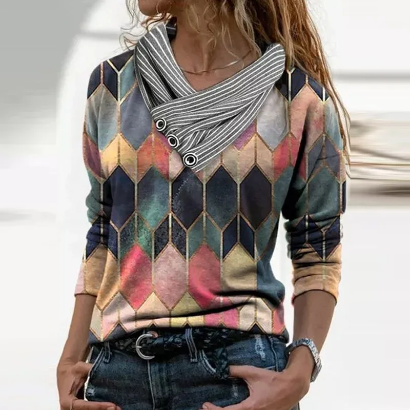 

New Style Spring Long Sleeve Pullover Tops Fashion Retro Patchwork Striped Loose Blouse Casual Women V-Neck Button Shirt