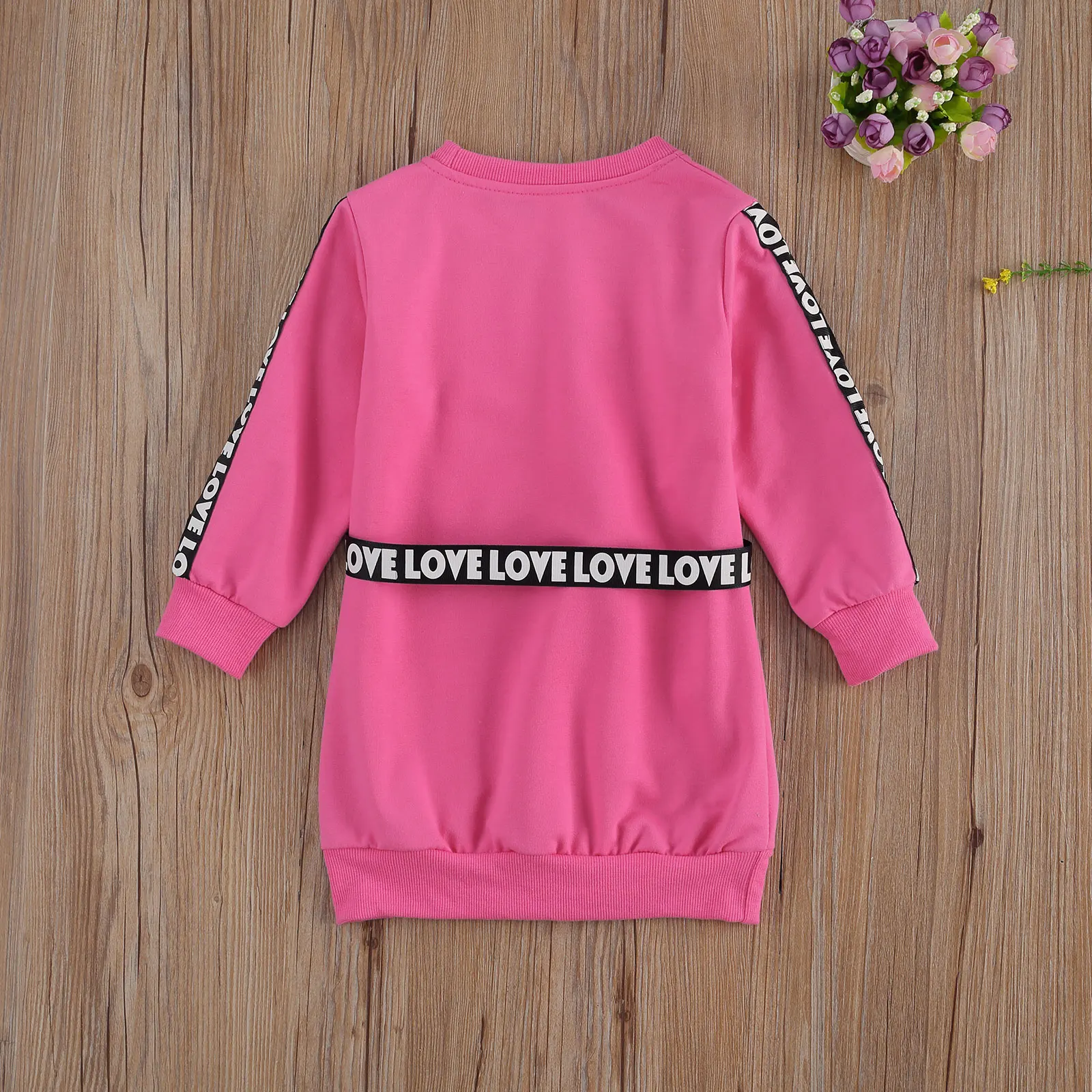 Платье-свитшот для девочек однотонный пуловер с длинным рукавом и пояс надписью
