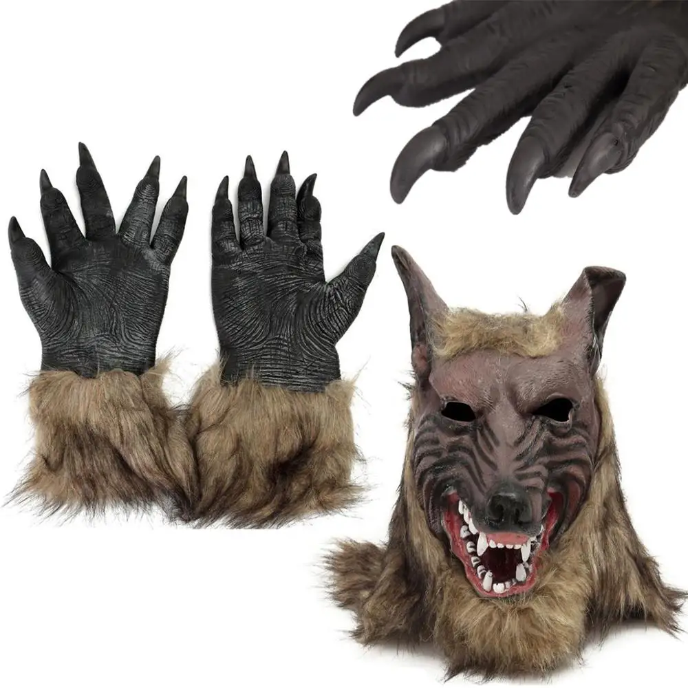 

Маскарадная латексная резиновая маска для волос с головой волка, перчатки для взрослых, детей, животных, полная маска для Хэллоуина, ролевые...