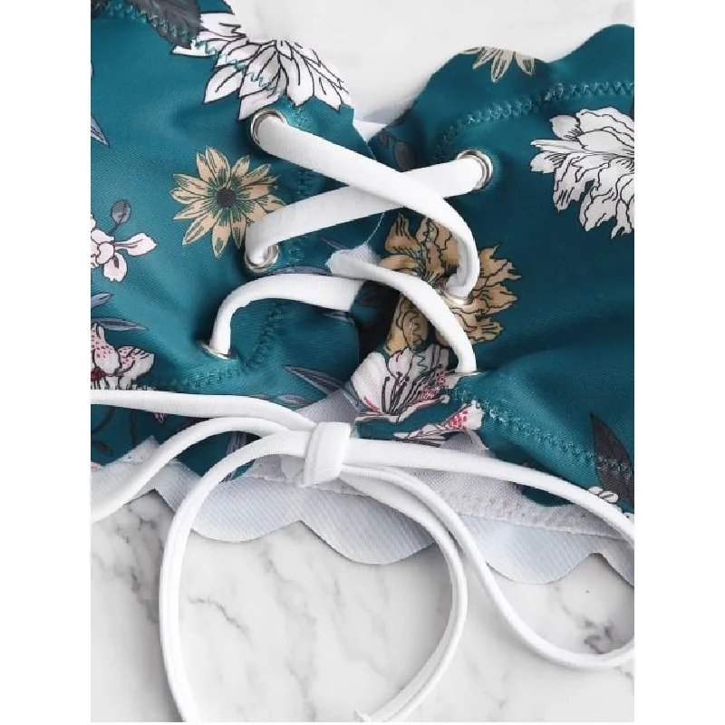 

Swimwear Women 2021 Micro Bikinis Print Flower Tube Top Lace Two Piece Swimsuit Girls Brazilian Biquini