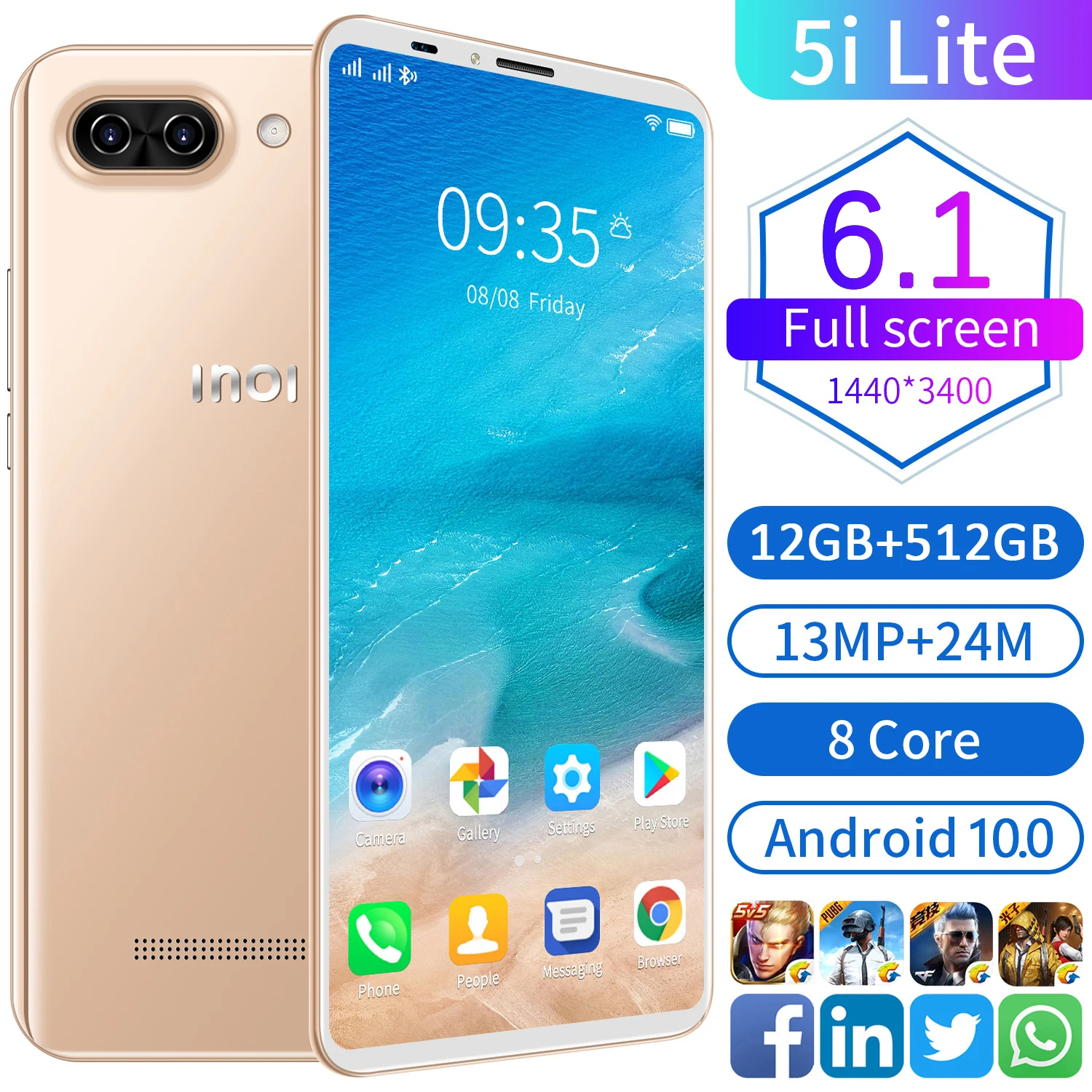 

5i Lite 6.1 Inch Smart Phone 12GB RAM 512GB ROM Android 10 Fingerprint Unlocked 13+24MP Camera 4G 5G Dual Sim Russian Cellphones