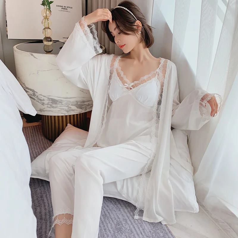 

3PCS Satin Female Robe Set Bathrobe Gown Sexy Homewear Kimono Sleep Set Intimate Lingerie Lace Soft Home Clothing Sleepwear