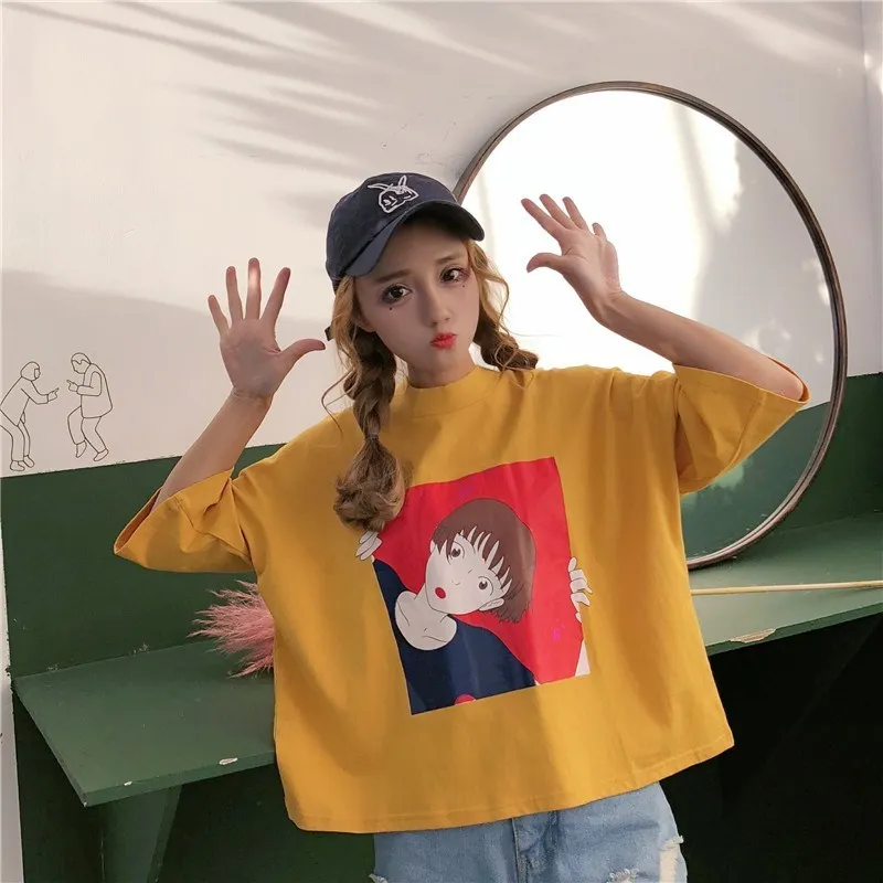 Футболка женская с круглым вырезом модная Свободная рубашка мультяшным принтом