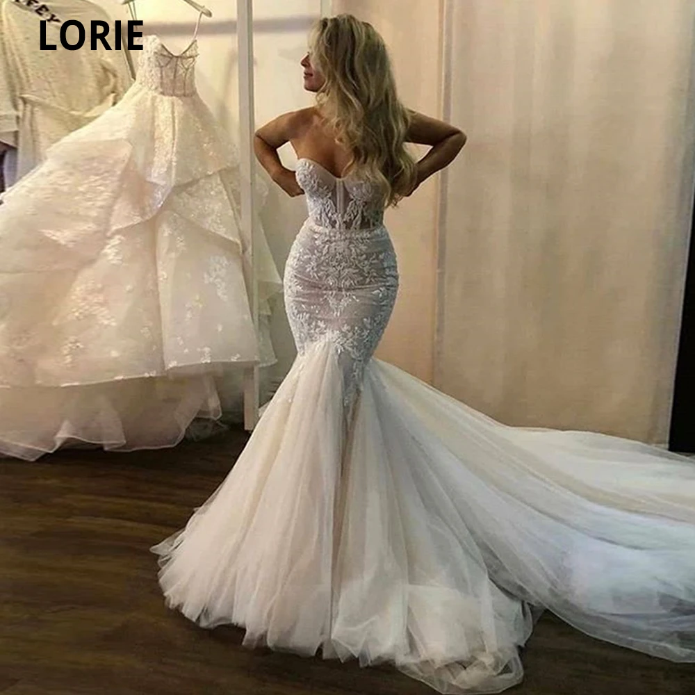 

LORIE Lace Wedding Dresses Mermaid Strapless Boho Fish Bridal Gowns Open Back Princess Party Gowns With Puffy Tulle Skirt 2020