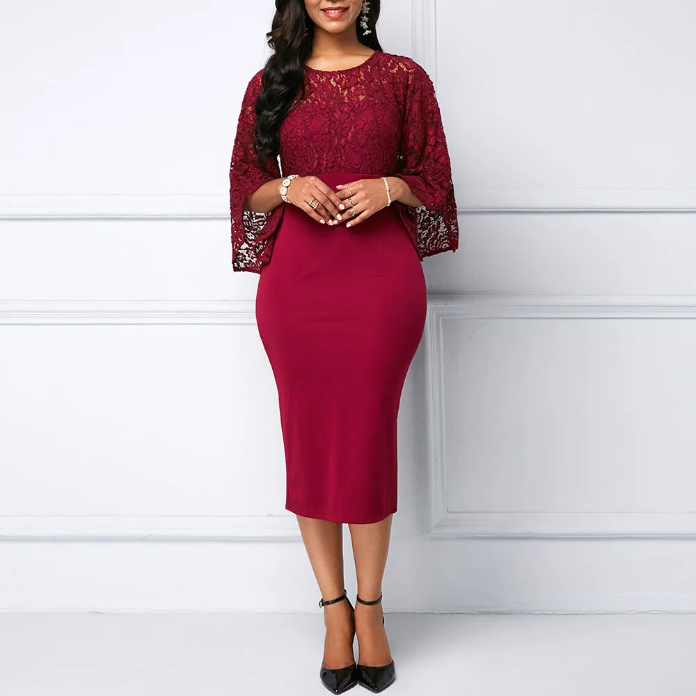 

2021 Fashion Western Style Africa Oversize Women's Hollow Out Sexy Perspective Round Neck Solid Color Flared Sleeves Dress