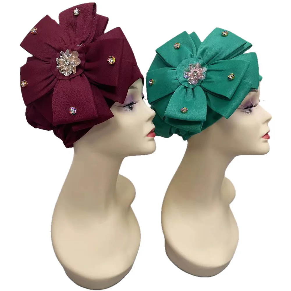 

New African Aso Oke Headtie Big Flower Women's Turban Caps Muslim Head Wraps Female Headscarf Bonnets Ready To Wear 12pcs/pack