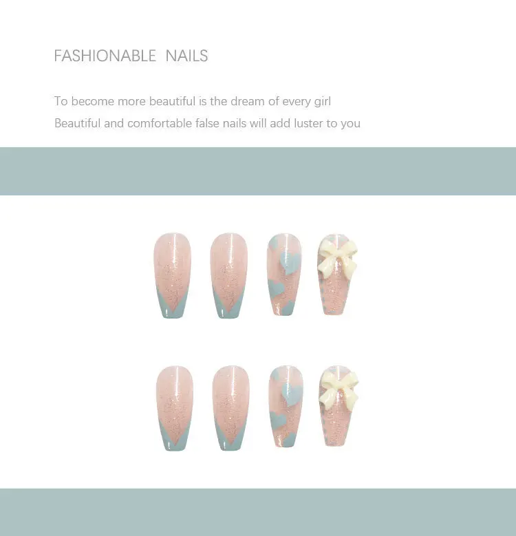

24pcs Love Heart Printed Nails Patch with Bow Glue Type Long Paragraph Fashion Removable Manicure False Nails Patch FS99