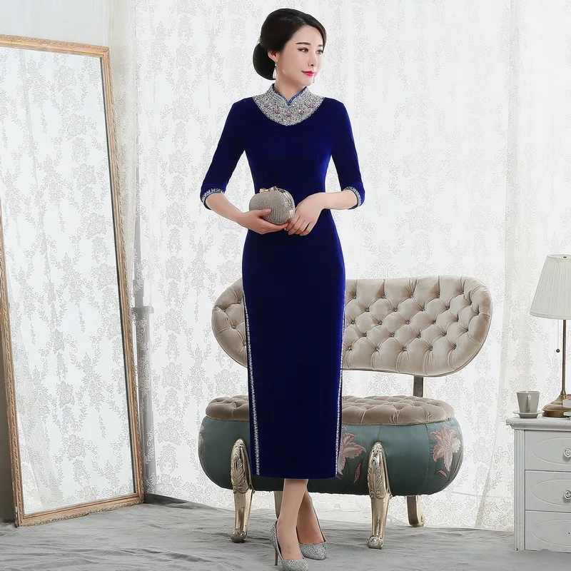 Новый стиль ретро бархат cheongsam с гвоздями бусинами для прогулок шоу платье
