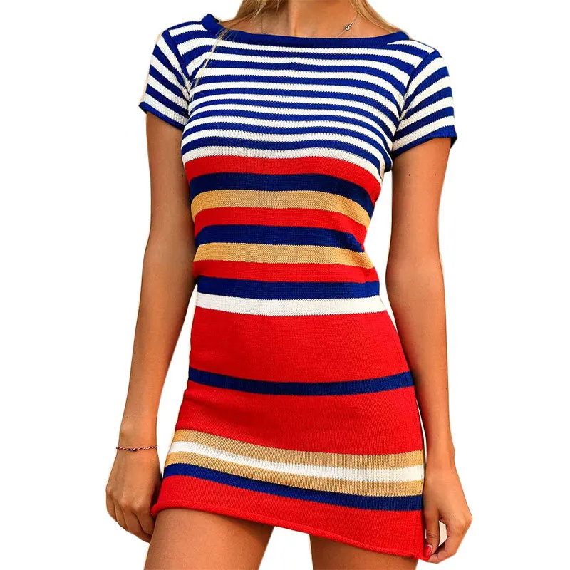 

Sexy Bodycon Short Slevee Mini Dress Striped Slim Casual Women's Dresses for Women 2021 Pencil Sheath Summer Vestidos Robe Femme