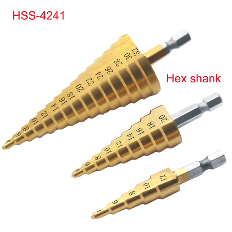 4-12mm 4-20mm 4-32mm Metric Spiral Flute/Large Step HSS Steel 4241 Cone Titanium Coated Drill Bits Cut Tool Set Hole Cutter