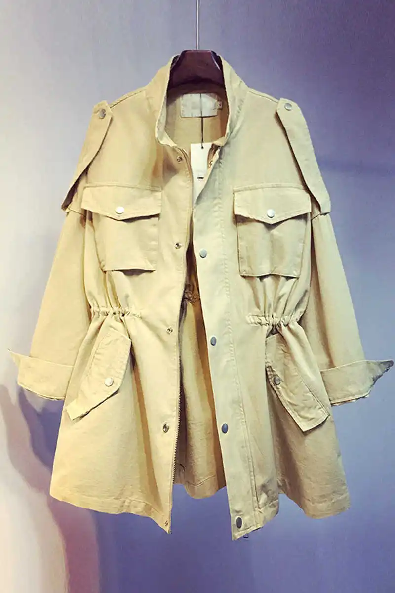 

2021 IEQJ Spring Autumn Stand Collar Long Sleeve Solid Patchwork Sipper Pockets Safari Style Windbreaker Women 3AJ66104