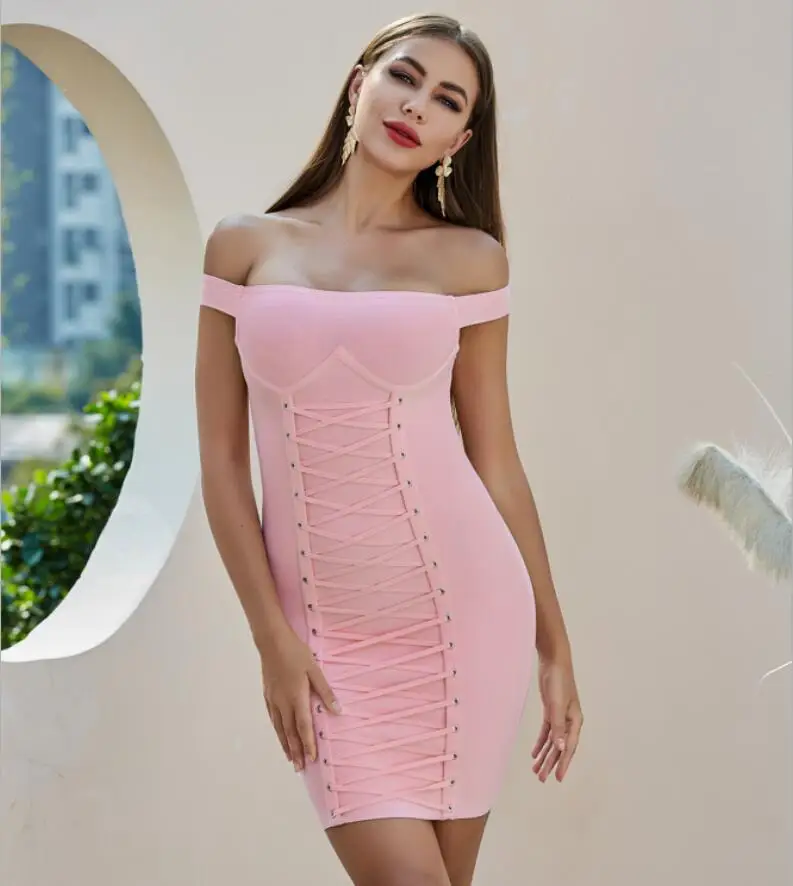 

Summer Fashion Sexy Off Shoulder Lacing Pink Bodycon Women Bandage Dress 2020 Elegant Evening Party Dress Vestido