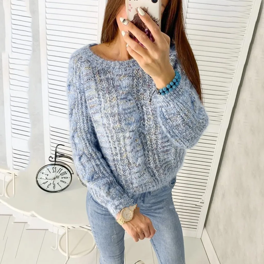 Розовый Повседневный вязаный женский свитер с рукавом-фонариком 2019 осенний