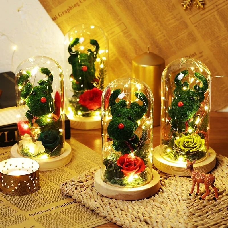 

Led Eternal Rose Flower And Elk Preserved Flower In Glass Dome Mothers Day Birthday Gift for Girls Wedding Party Home Decor