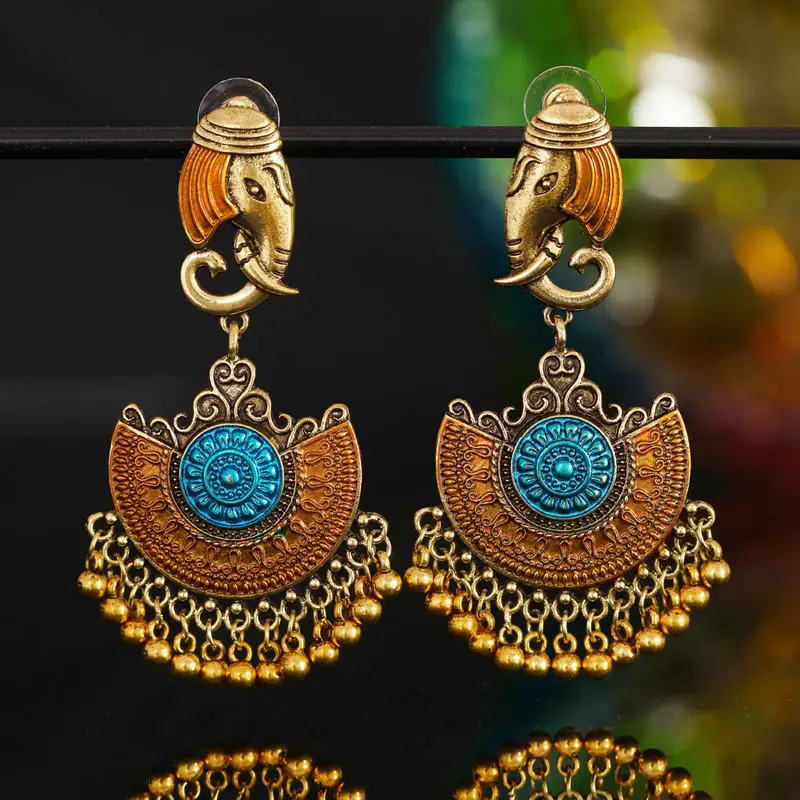 E orange blue Индийские Jhumka серьги «Слоник» цыганские ювелирные изделия в стиле ретро этнические бусины в античном стиле висячие серьги с кисточками для женщин богемный подарок - Окраска металла: E orange blue