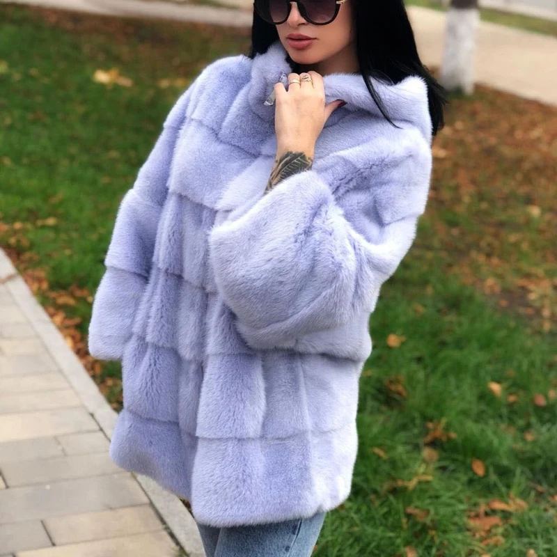 Шуба норковая Женская с капюшоном светло-фиолетовая теплая повседневная средней
