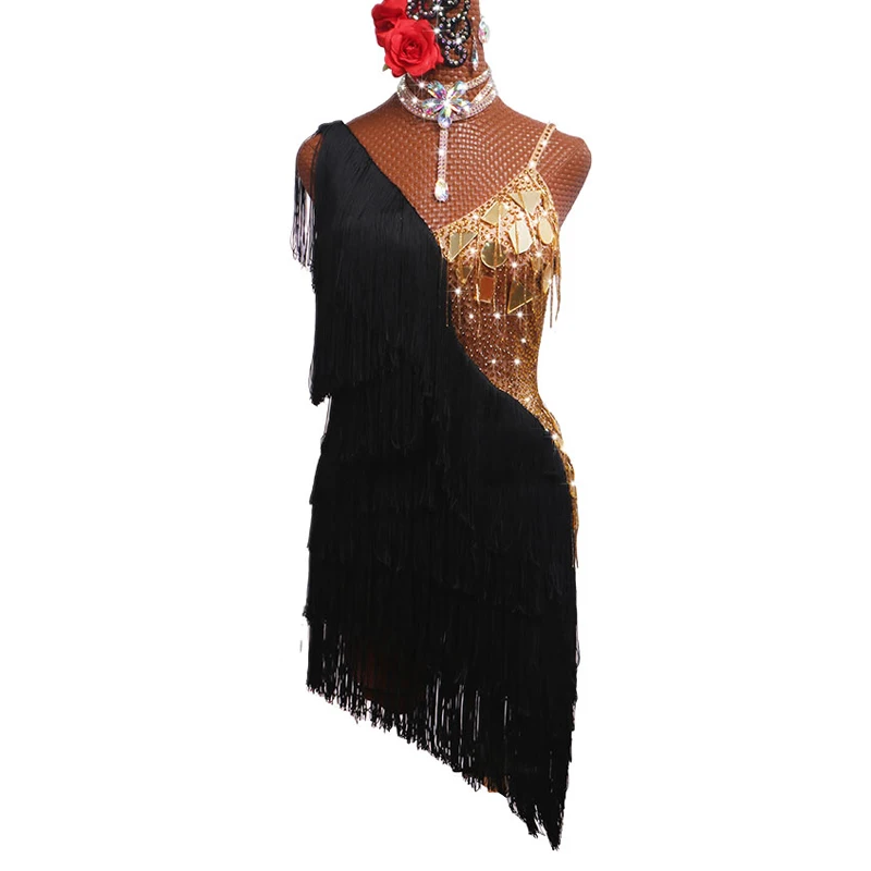 Женское платье для латиноамериканских танцев Золотое Платье с зеркальным