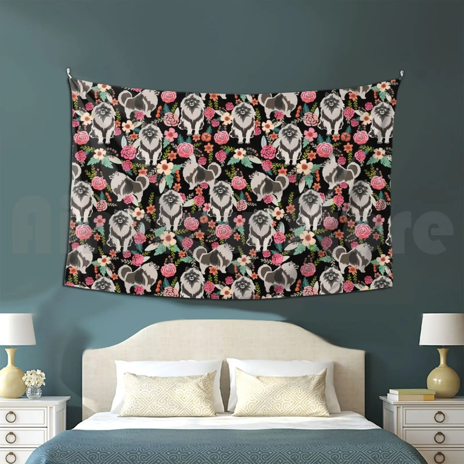 

Keeshond Dogs Floral Pattern-Vintage Florals , Doggo , Keeshond Tapestry Living Room Bedroom 1208 Keeshond Dogs