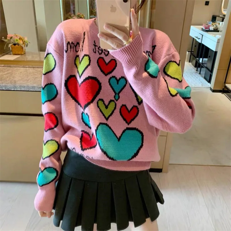 

2021 South Korea dongdamen new romantic color pattern jacquard gentle college style sweater women's top