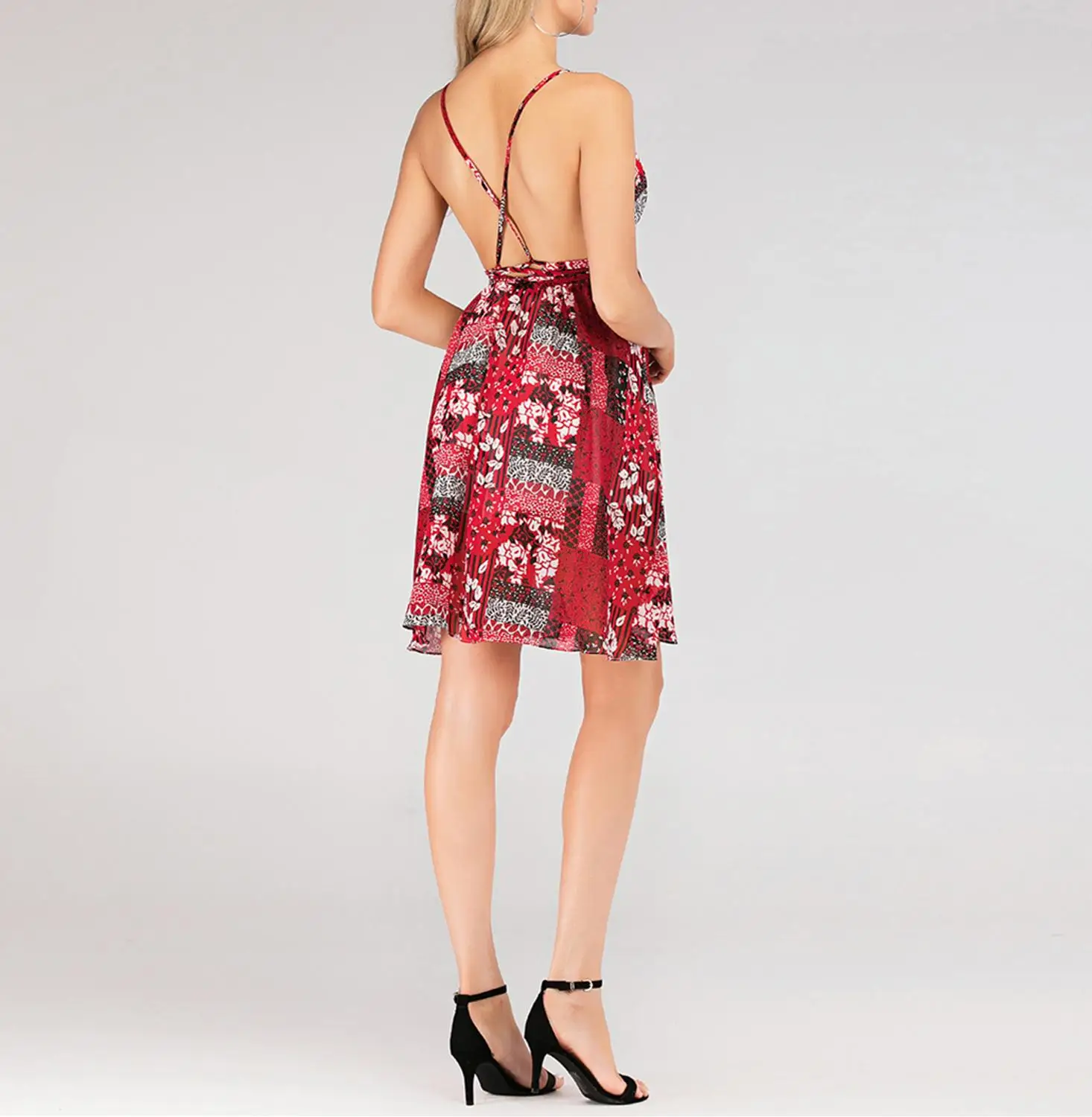 

Summer Chiffon Dresses Women Sexy Spaghetti Strap Deep V-Neck Backless Lace-up Print Striped Short Beach Dress New Vestidos