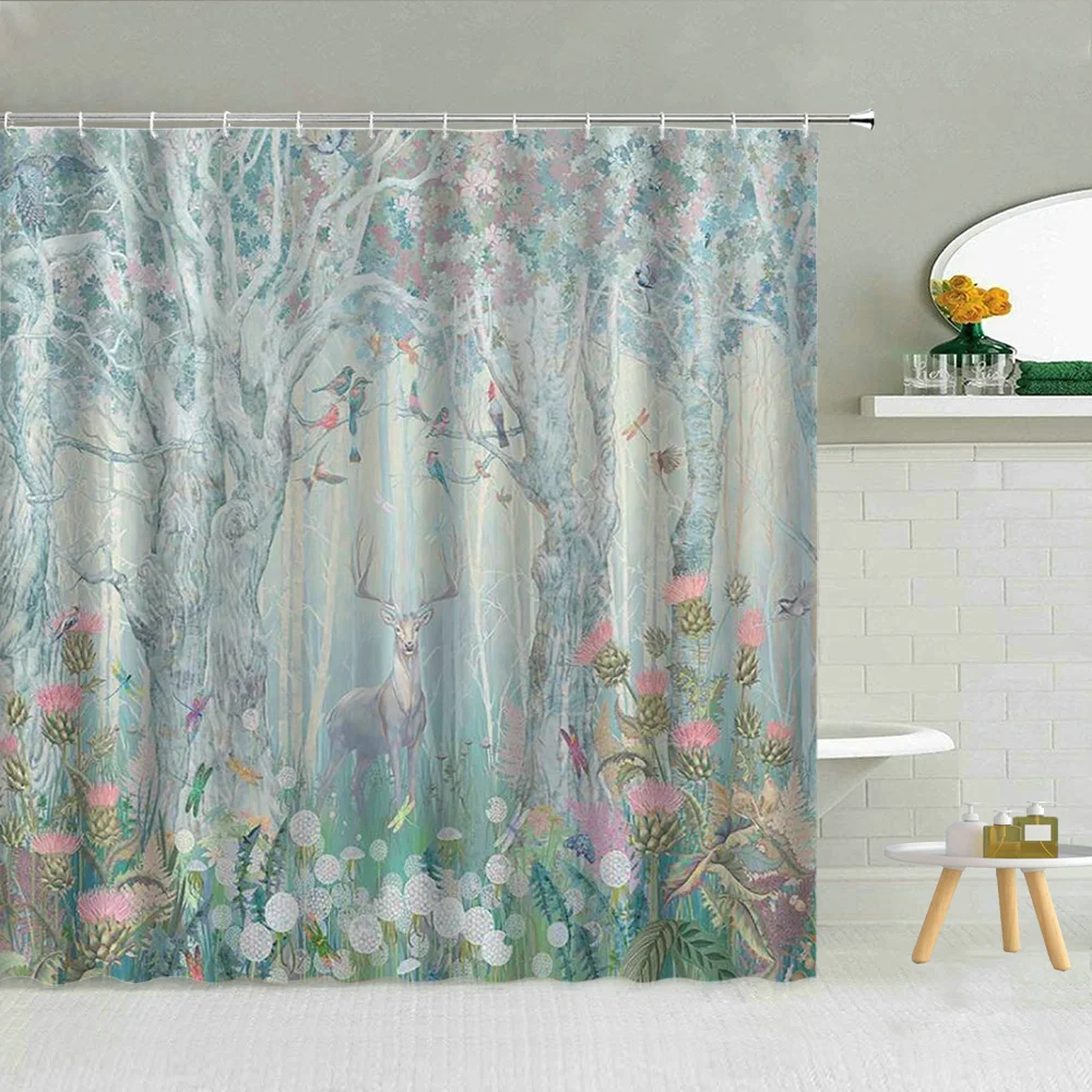 

Fantasy Forest Landscape Shower Curtain Elk Flowers Birds Butterfly Dragonfly Dandelion Waterproof Fabric Curtains For Bathroom