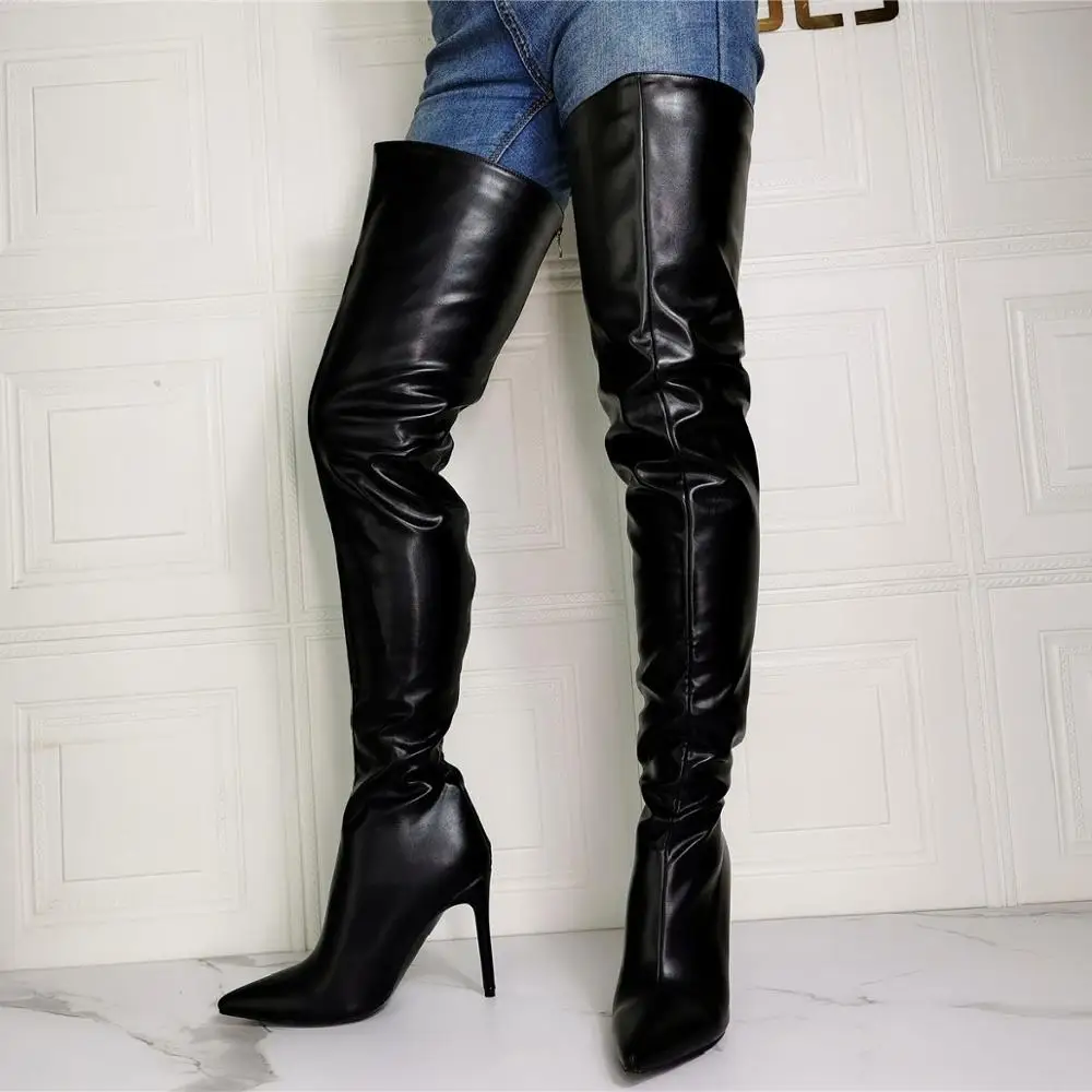 Real Photo Overknee Stiletto Leather Women Thigh High Crotch Pants Boots Pointed Toe Sexy Ladies High Heel Runway Shoe Woman