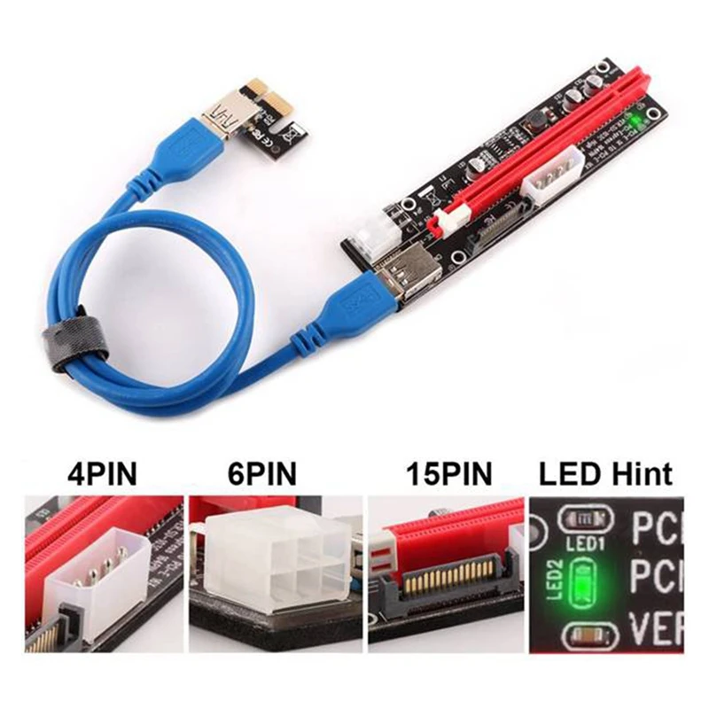 VER103C 3 in 1 LED Riser Power PCI-E Card 4Pin 6Pin Sata 15PIN PCI Express 1X to 16X Extension Cable for Bitcoin | Компьютеры и офис