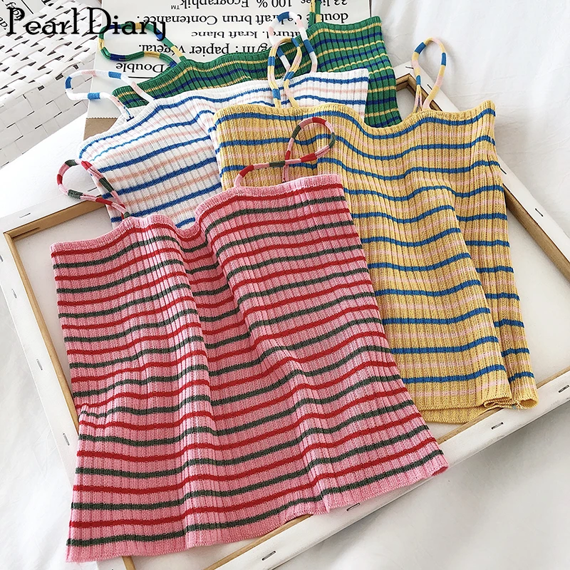 Женская полосатая кофта JANZHISAN укороченный топ на бретелях-спагетти Радужный