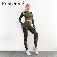 ranberone 2 piece yoga sets sport fitness seamless workout clothes gym women hollow out patchwork womens tracksuit 2020