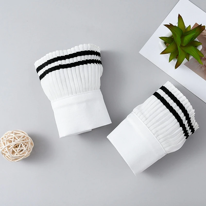 

Women Preppy Style Pleated White Horn Cuffs Double Black Stripes Fake Sleeves T5UF