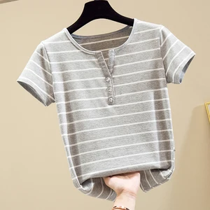 Женская Винтажная футболка, полосатая футболка, женские летние топы, футболка с коротким рукавом, женская одежда, хлопковая футболка на пуговицах для женщин