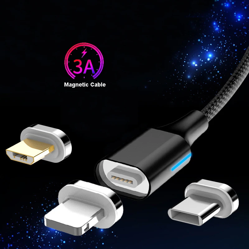 Магнитный светодиодный кабель 3A Micro USB Type C для быстрой зарядки и передачи данных