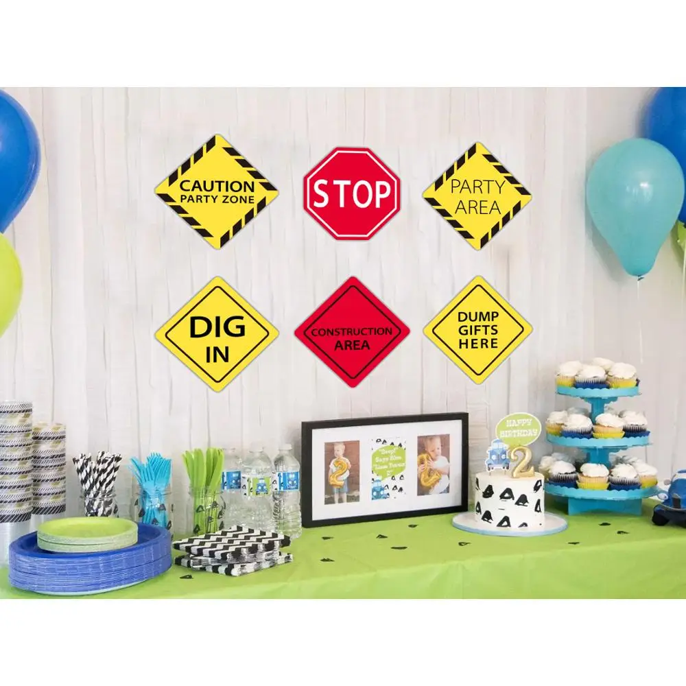 

6pcs Construction party backdrop Excavator Construction warning sign sticker Vehicle Truck Signs Kids Boys Birthday party suppli