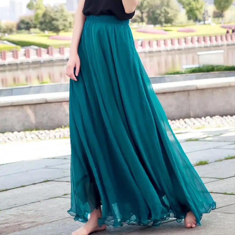 

Summer Bohemia Long Skirts Women's Chiffon Long Skirt Empire Waist Wide Hem Retro Calf length High Elasticity Wasit 2 Layers