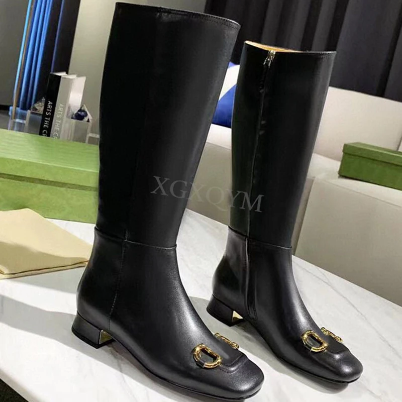 

Women Handmade Square Toe Genuine Leather Mid-Calf Boots Metal Decor Side Zipper Black High Quality Boots Female Autumn Winter