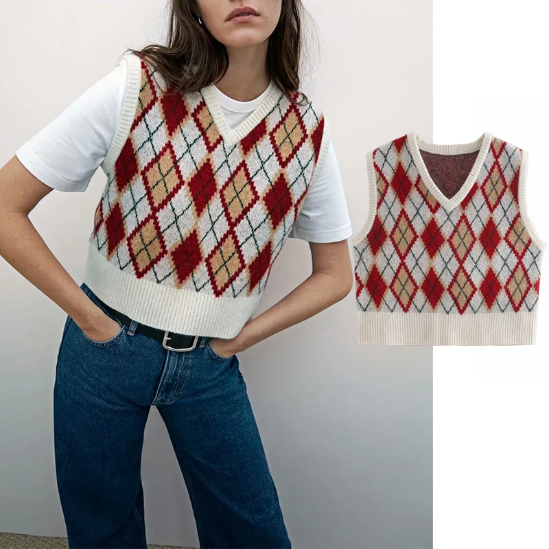 

ZA 2020 new Autumn And Winter Loose Women rhombus knitting vest sweater V Neck knitted sweater pullover Casual