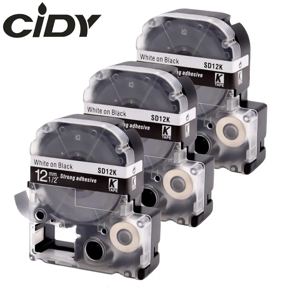 

CIDY 3Pcs SD12K SD12KW LC-4BWV9 compatible KingJim 12MM White on black Label tape for Epson machine LW700 LW400 LW800 SR150