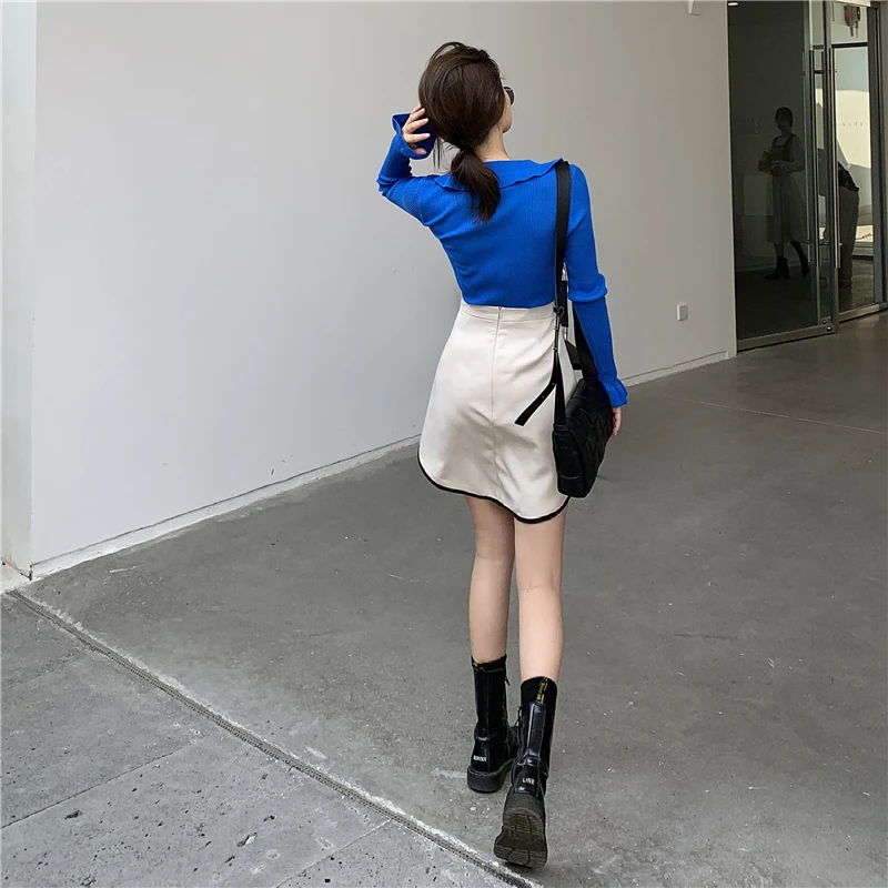 

2021 New Fashion Ruffles V Neck Knitted Tees Womens Autumn Long Sleeve Slim T Shirt Sweet Woman Elegant Tops