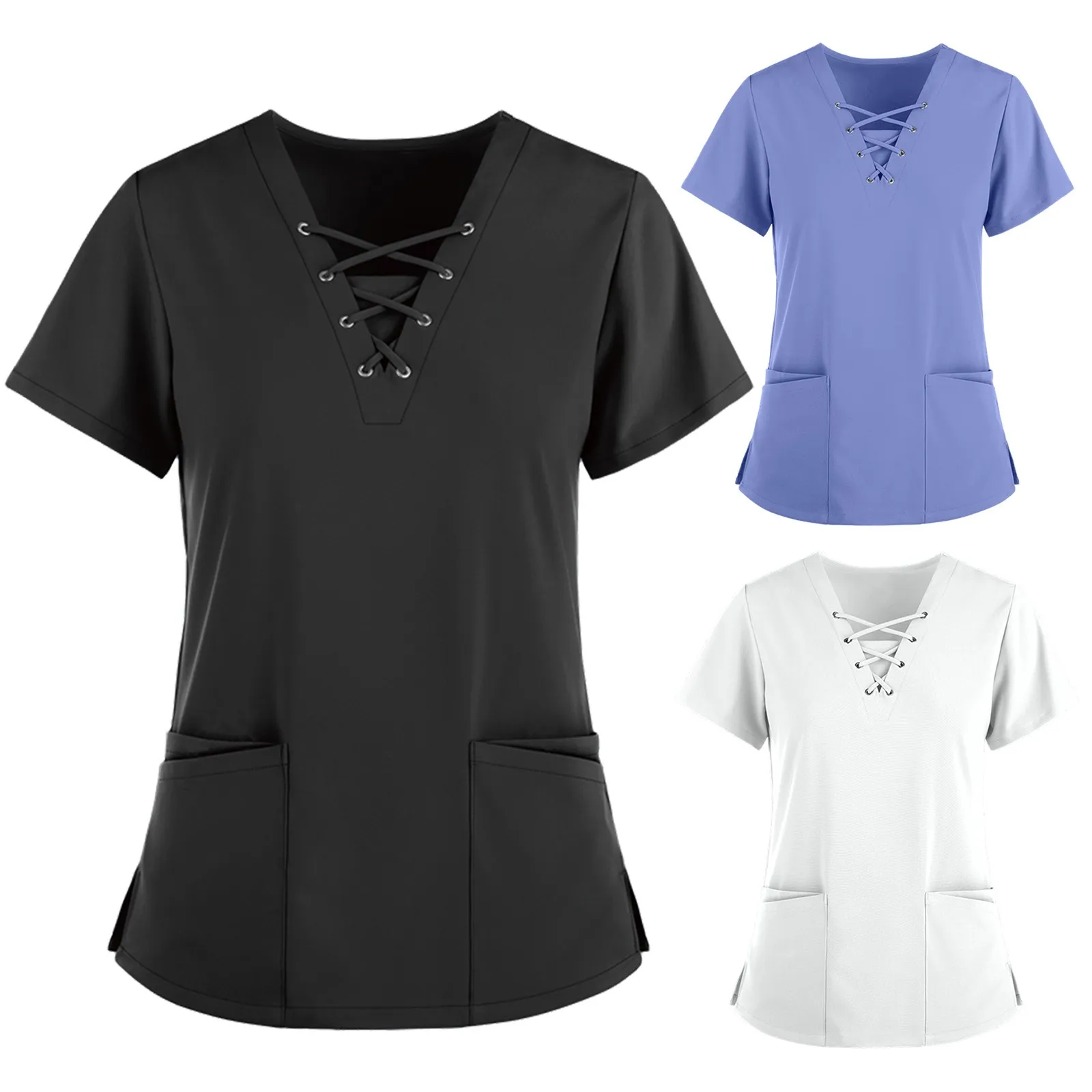 

4# Plus Size Shirt Female Blusas Women Short Sleeve V-neck Solid Color Tops Nursing Working Uniform Blouses Sexy V-neck Blouses