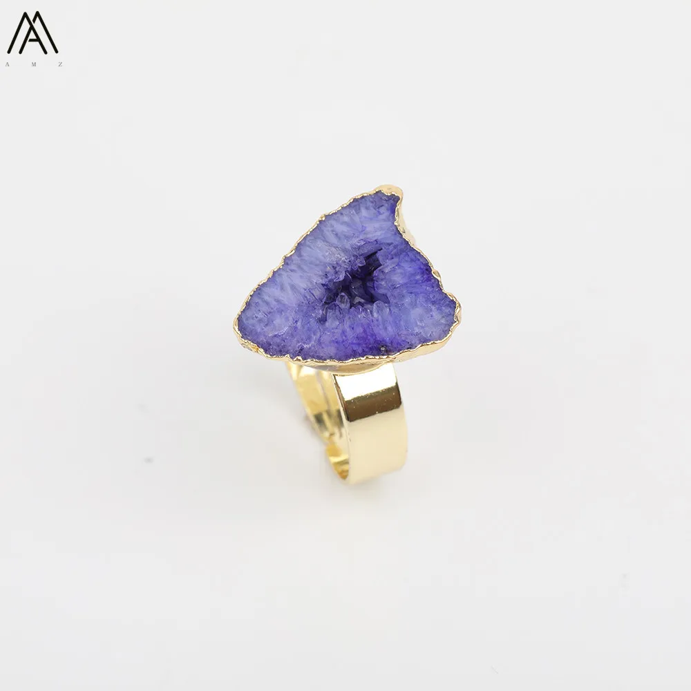 Случайная нерегулярные Druzy Агаты кольцо для женщин ювелирные изделия, роскошные женские с отверстием Золото Drusy Агаты Камень Регулируемое Кольцо YT-155AMAJ