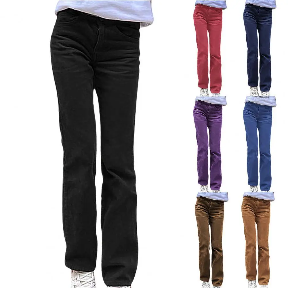 

Women Casual Solid Color Pocket Button Long Trousers Straight Corduroy Pants