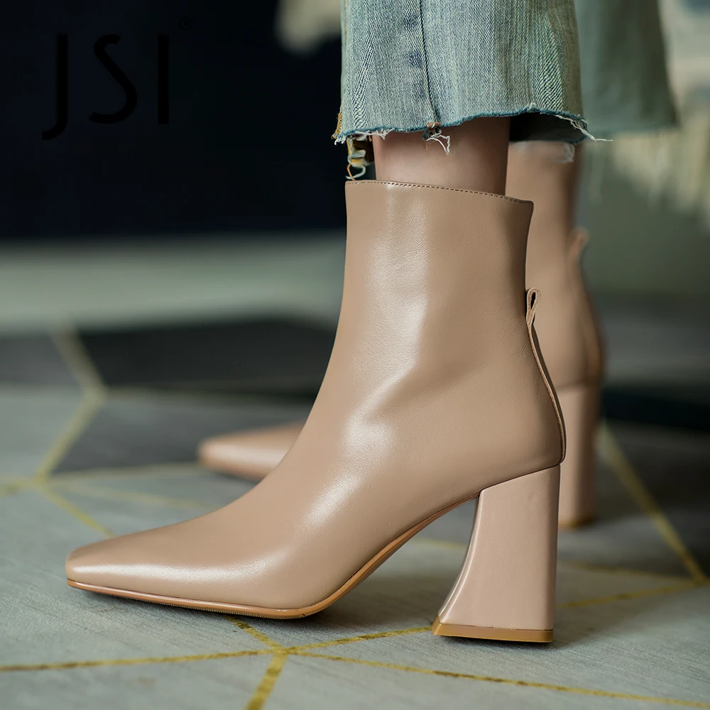 

JSI Concise Style Office Lady Ankle Boots Woman Genuine Leather Pointed Toe High Square Heel Zipper Short Boots Lady Shoe JO738