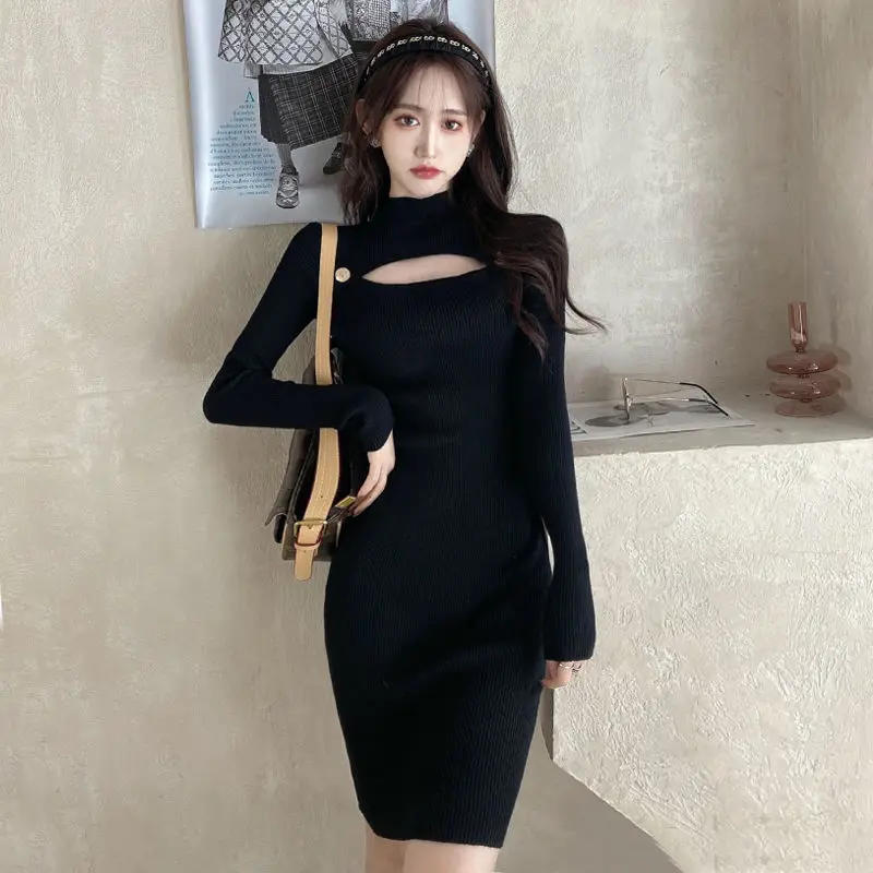 

Женское трикотажное платье, элегантное ажурное платье-трапеция с воротником-стойкой, повседневное приталенное, модель F287, Осень-зима 2021