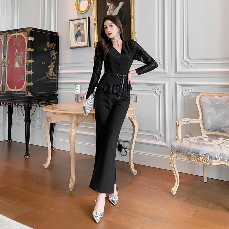 Elegant Office Women Black Sequin V-Neck Single-breasted Jacket Coat Suit Tops High Waist Flare Pant Female 2 Pieces Set Outfits enlarge